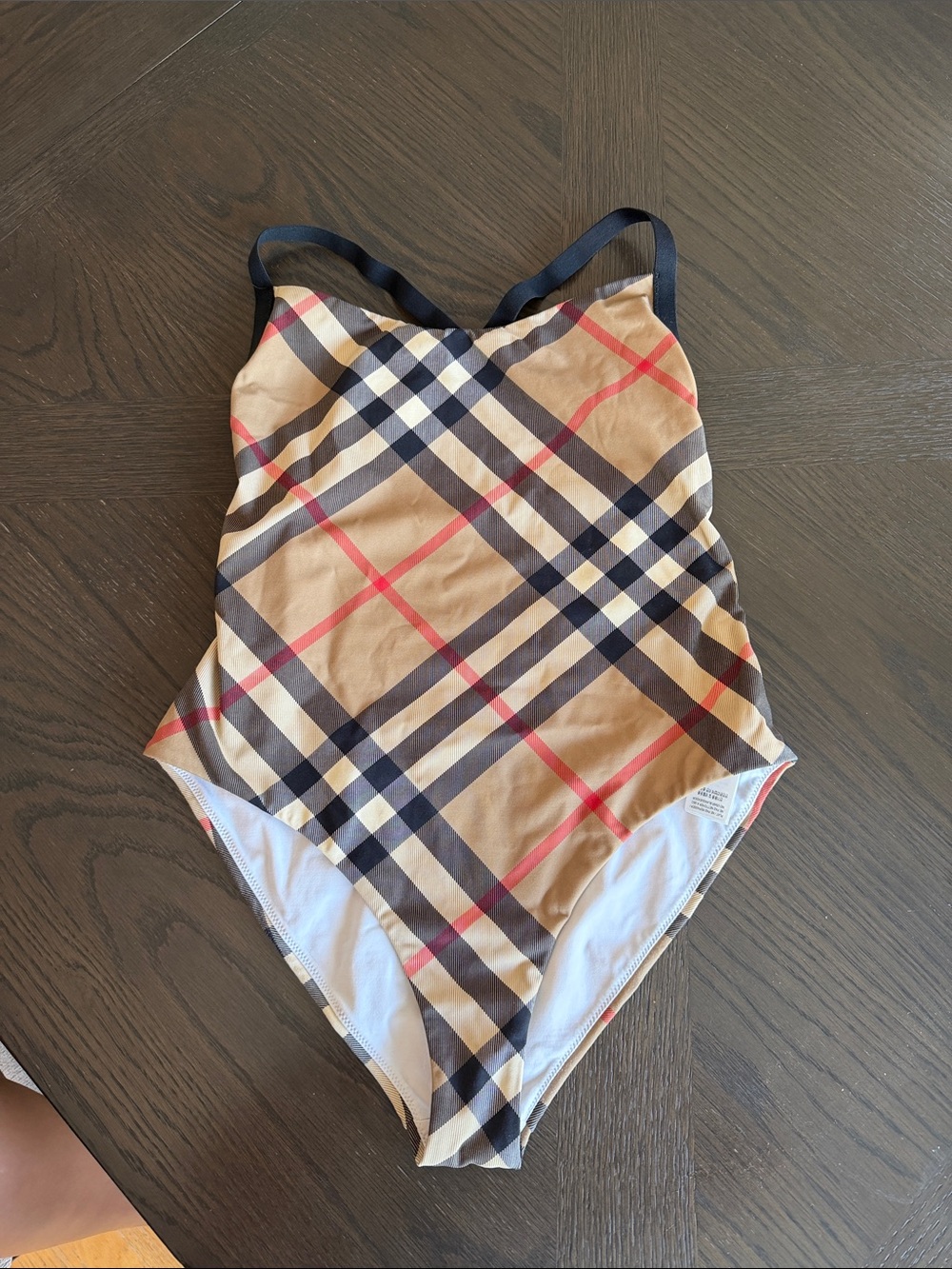 Burberry Beige Plaid One-Piece Swimsuit with Black Straps